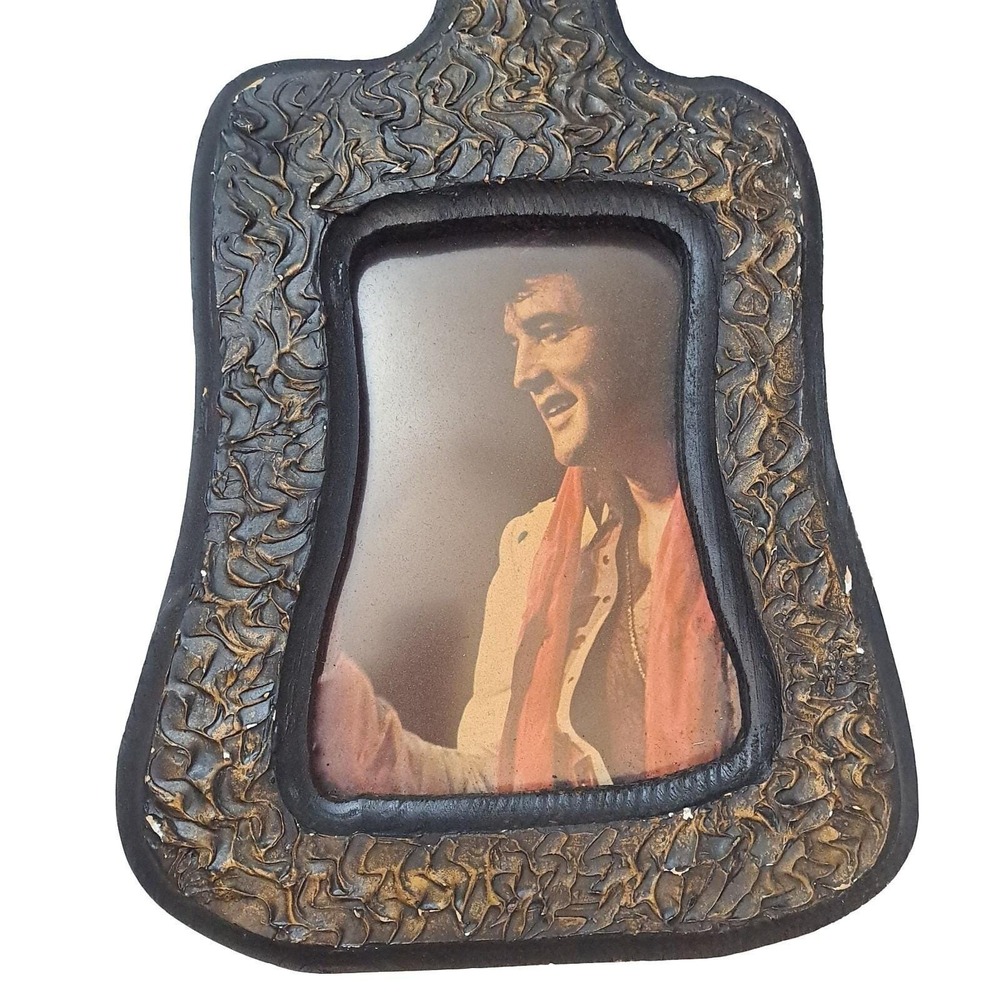 Elvis Presley Guitar Wall Art Picture Frame Set Black Gold Chalkware Vintage 70s - Picture 3 of 16